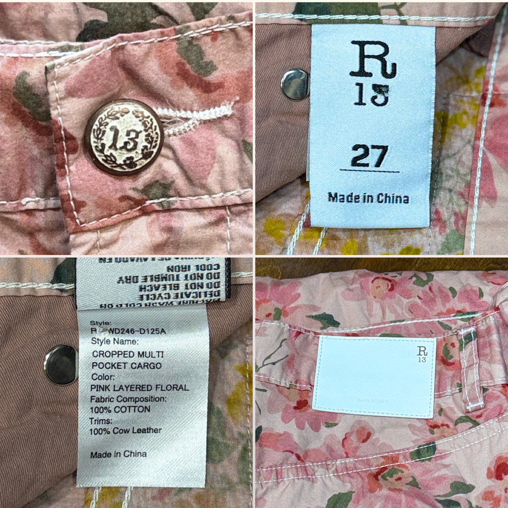 NWT R13 Cropped Multi Pocket Cargo Pants Size 27 in Pink Layered Floral $1195 - Picture 6 of 11